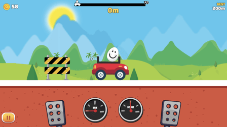 Starting screen of Eggy Car with the car positioned at 0 meters.